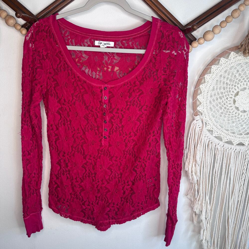 Vintage Y2K Aeropostle Pink Sheer Lace Henley T